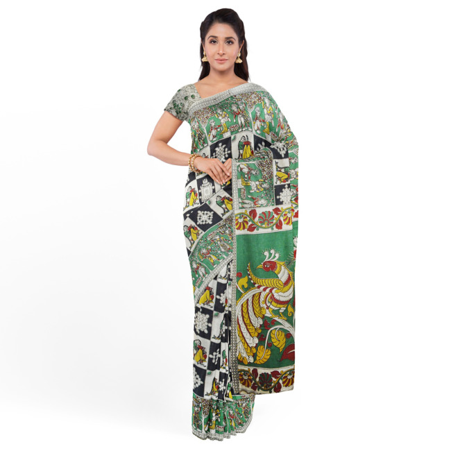 Tribes India Printed Kalamkari Design Cotton Saree with Unstitched Blouse Piece Light Green & Yellow Color