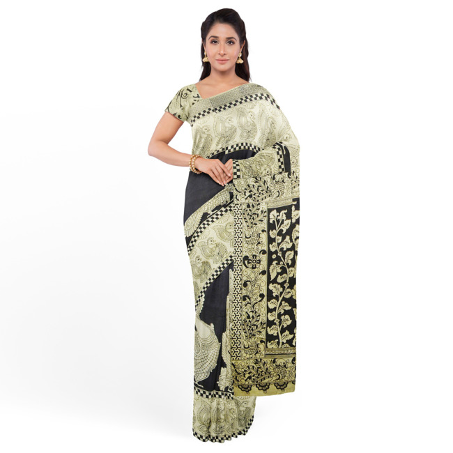 Tribes India Printed Kalamkari Design Cotton Saree with Unstitched Blouse Piece Cream & Black Color