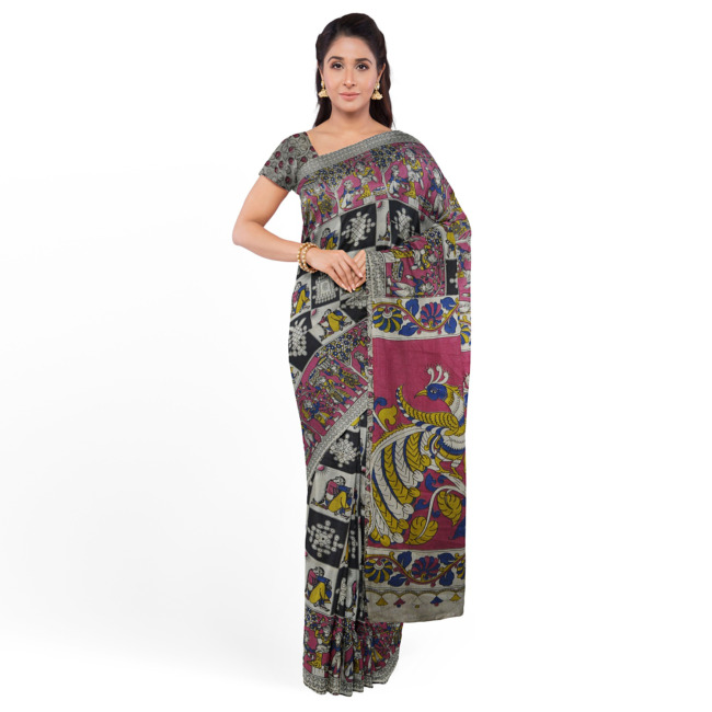 Tribes India Printed Kalamkari Design Cotton Saree with Unstitched Blouse Piece Light Maroon & Black