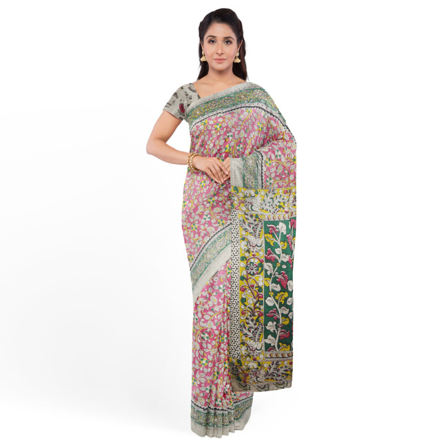 Tribes India Printed Kalamkari Design Cotton Saree with Blouse Piece Pink & Off White Color