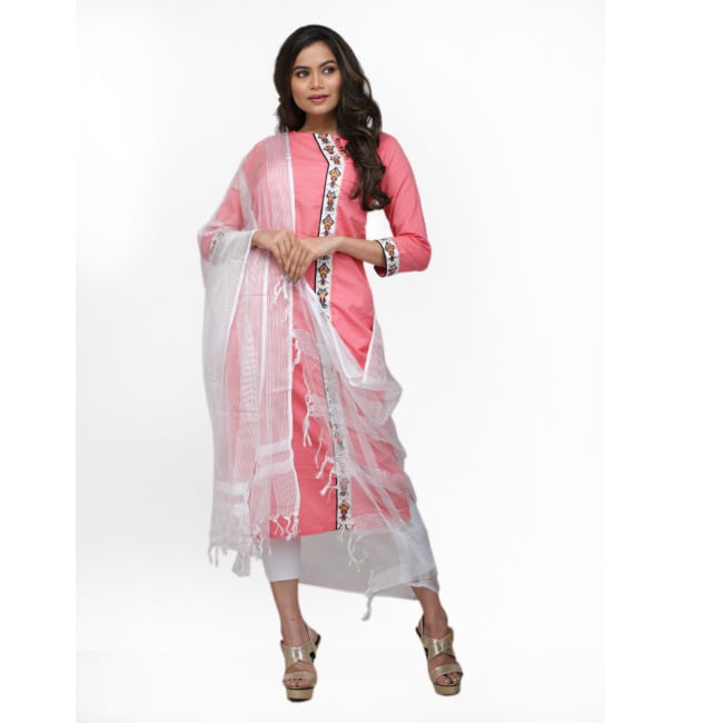 KURTI COVAR EMB BOTTOM WITH BLOCK PRINT DUPATTA