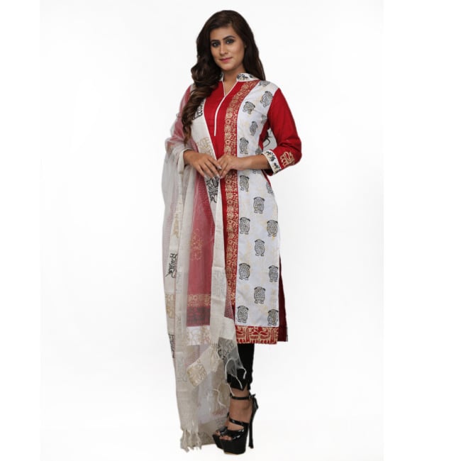 KURTI COVAR EMB BLOCK PRINTED TROUSER AND DUPATTA