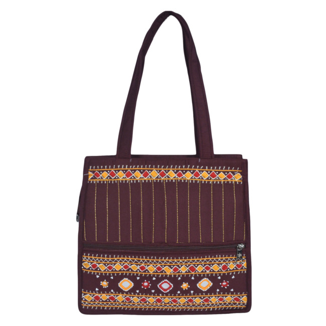 Tribes India Banjara Embroidery Shoulder Bag | Tote Bag | Thread & Beads Handmade Mirror Work | Burgundy Color
