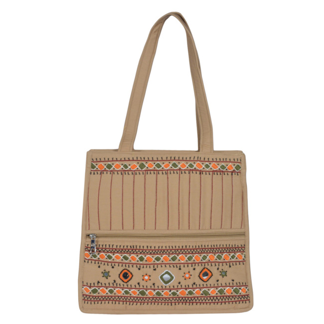 Tribes India Banjara Embroidery Shoulder Bag | Tote Bag | Thread & Beads Handmade Mirror Work | Tan Color