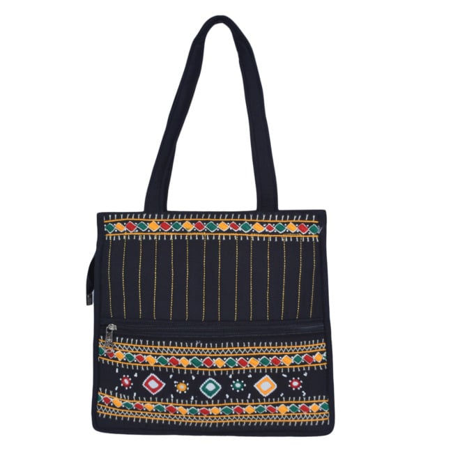Tribes India Banjara Embroidery Shoulder Bag | Tote Bag | Thread & Beads Handmade Mirror Work | Black Color