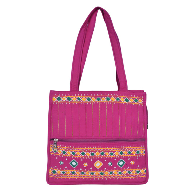 Tribes India Banjara Embroidery Shoulder Bag | Tote Bag | Thread & Beads Handmade Mirror Work | Pink Color