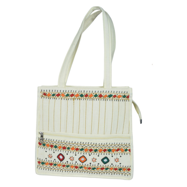 Tribes India Banjara Embroidery Shoulder Bag | Tote Bag | Thread & Beads Handmade Mirror Work | White Color