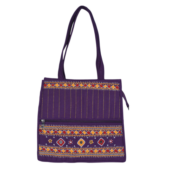 Tribes India Banjara Embroidery Shoulder Bag | Tote Bag | Thread & Beads Handmade Mirror Work | Lavender Color
