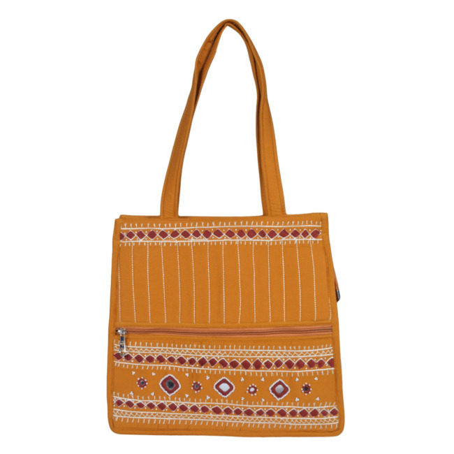 Tribes India Banjara Embroidery Shoulder Bag | Tote Bag | Thread & Beads Handmade Mirror Work | Marigold Color