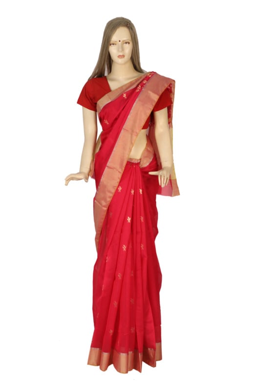 Handwoven Red Silk Jangla Chanderi Pallu Saree