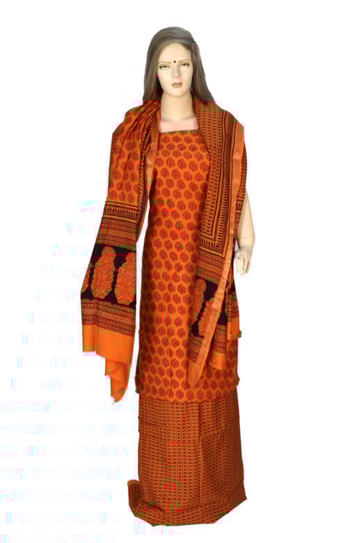 Handwoven Orange Cotton Silk Mix Maheshwari Bagh Print Suit Material