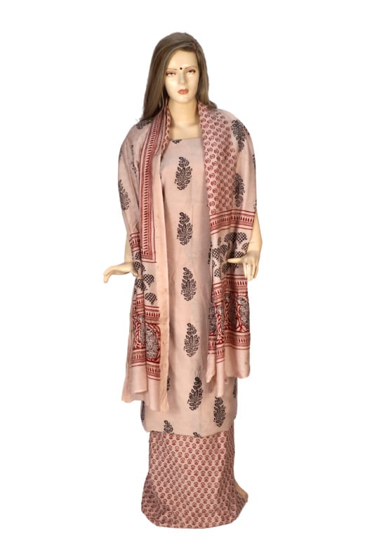 Handwoven White Cotton Silk Mix Maheshwari Bagh Print Suit Material