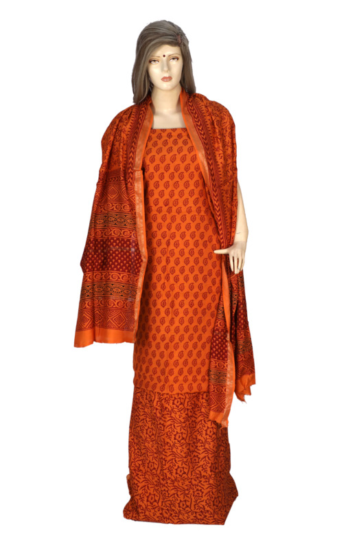 Handwoven Orange Cotton Silk Mix Maheshwari Bagh Print Suit Material
