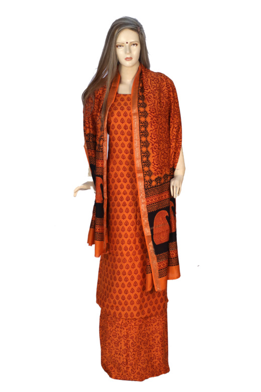 Handwoven Orange Cotton Silk Mix Maheshwari Bagh Print Suit Material