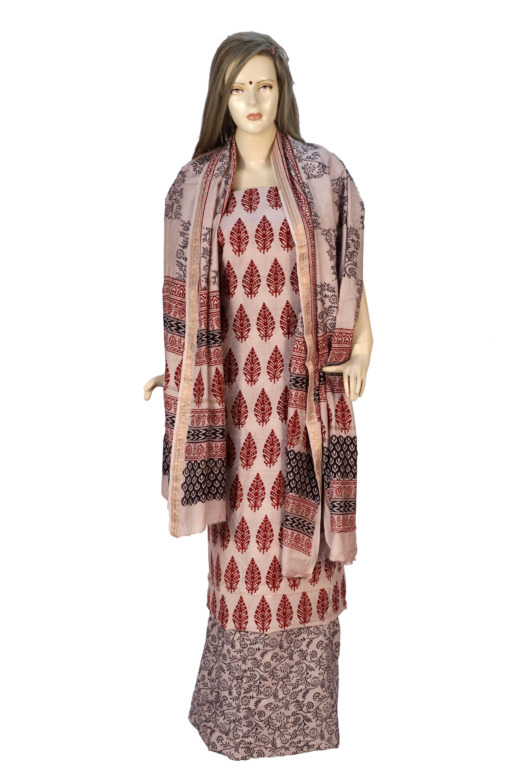 Handwoven White Cotton Silk Mix Maheshwari Bagh Print Suit Material