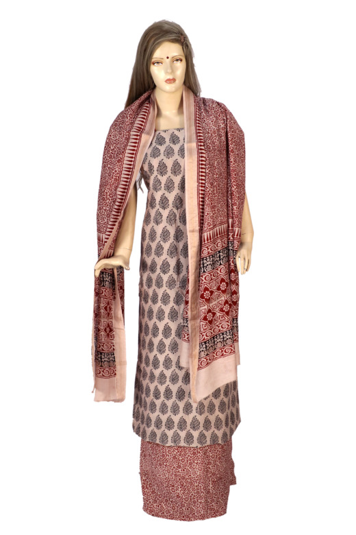 Handwoven White Cotton Silk Mix Maheshwari Bagh Print Suit Material