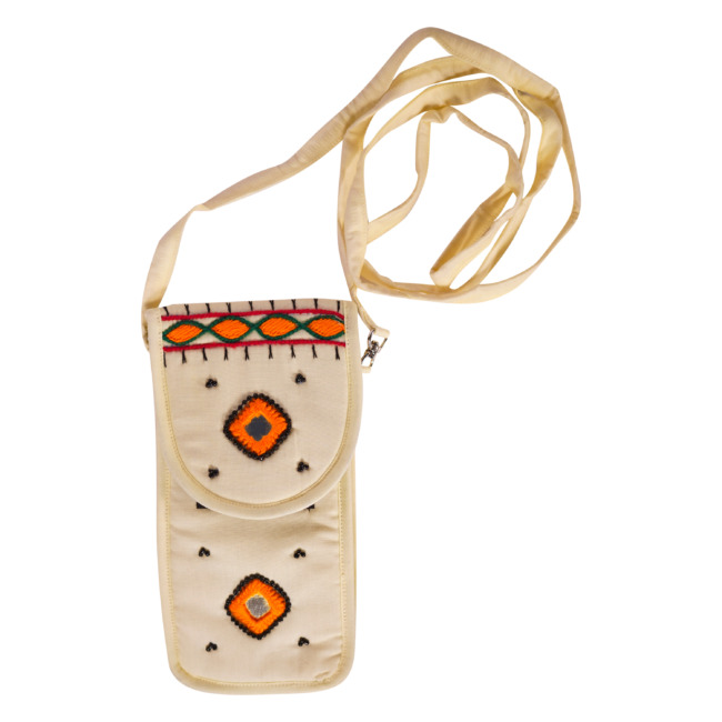 Tribes India Handmade Banjara Smart Mobile Pouch Cum Sling Purse Off White Color