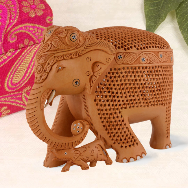 Hand Carved Wooden Elephant With Jali Work