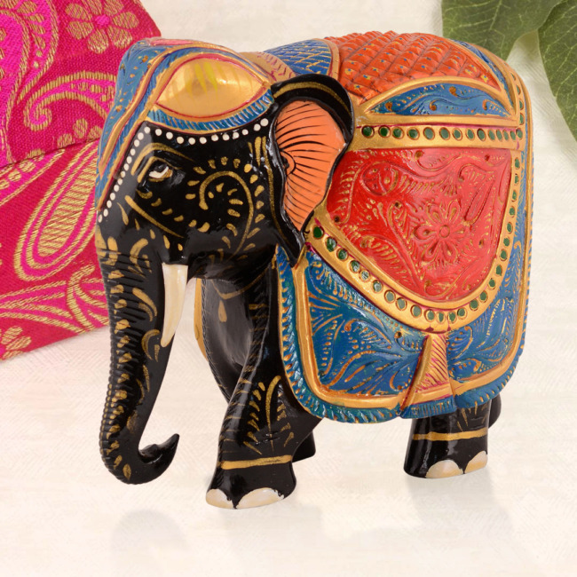 Multi Color Hand Painted Wooden Elephant 6 Inch