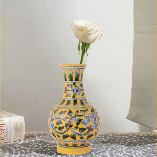Handcrafted Blue Pottery Flower Pot Floral Yellow