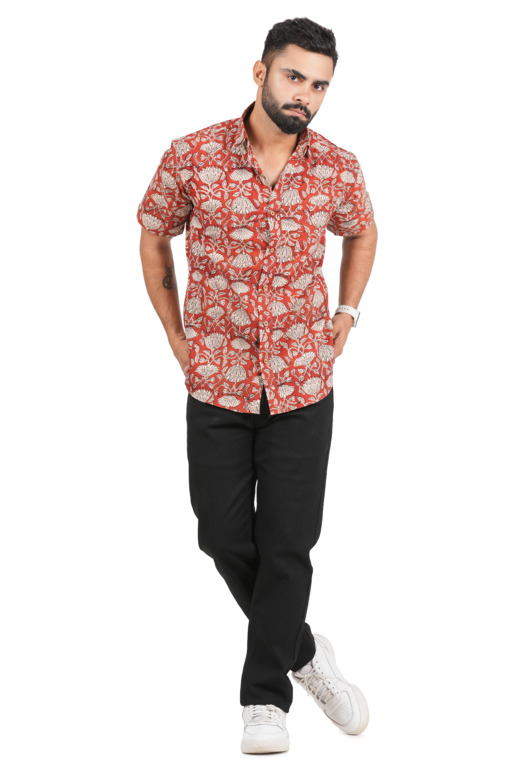 Bagru Hand Block Printed Floral Cotton Shirt - Red