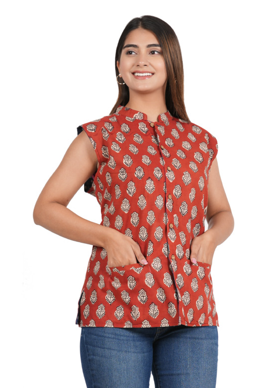Bagru Hand Block Printed Jacket - Red