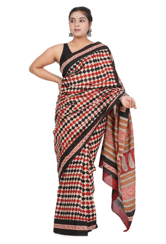 Bagru Handblock Printed Cotton Saree With Blouse - 16