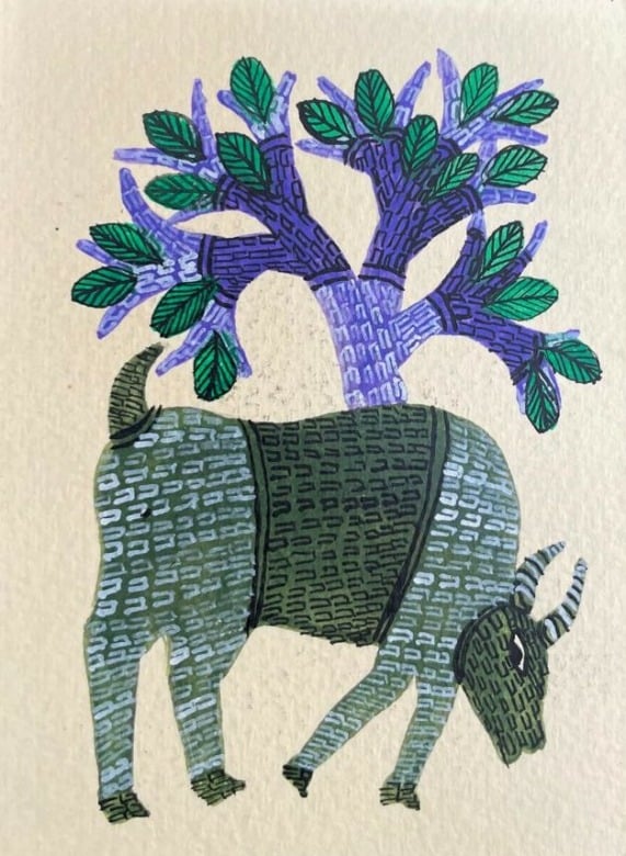 Tribes India PAINTING CARD GOND PAPER 5X3.5 BLUE GREEN : DINE