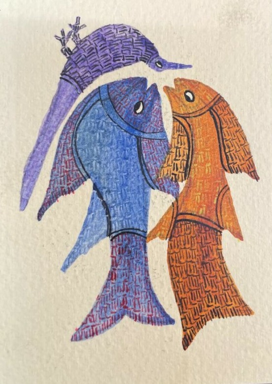 PAINTING CARD GOND PAPER 5X3.5 ORANGE BLUE : DINE
