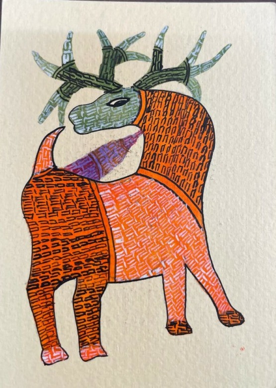 Tribes India PAINTING CARD GOND PAPER 5X3.5 GREEN ORANGE : DINE