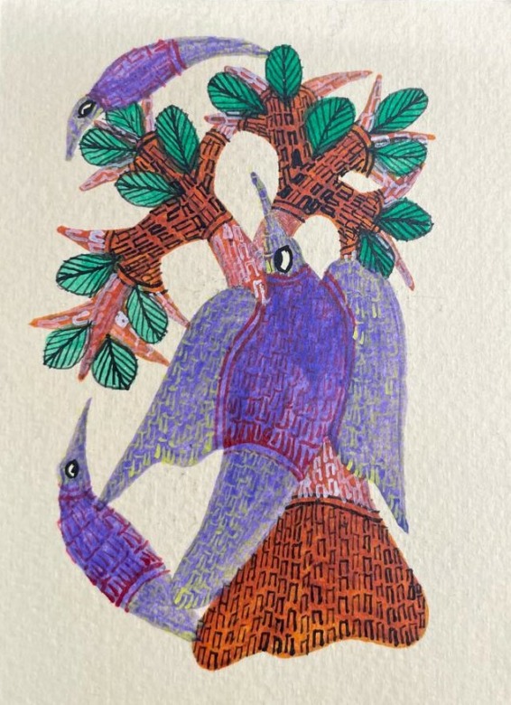 Tribesindia PAINTING CARD GOND PAPER 5X3.5 BROWN PURPLE : DINE