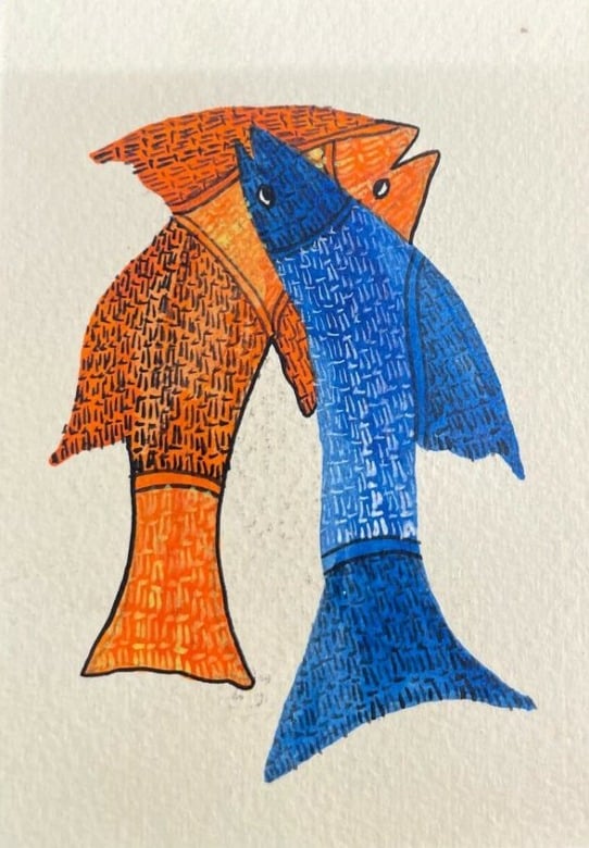 Tribesindia PAINTING CARD GOND PAPER 5X3.5 ORANGE BLUE : DINE