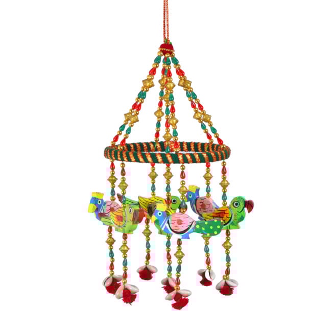 Handmade Hanging 4 Parrot and 3 Peacock with Wooden Zoomer (PVTG)