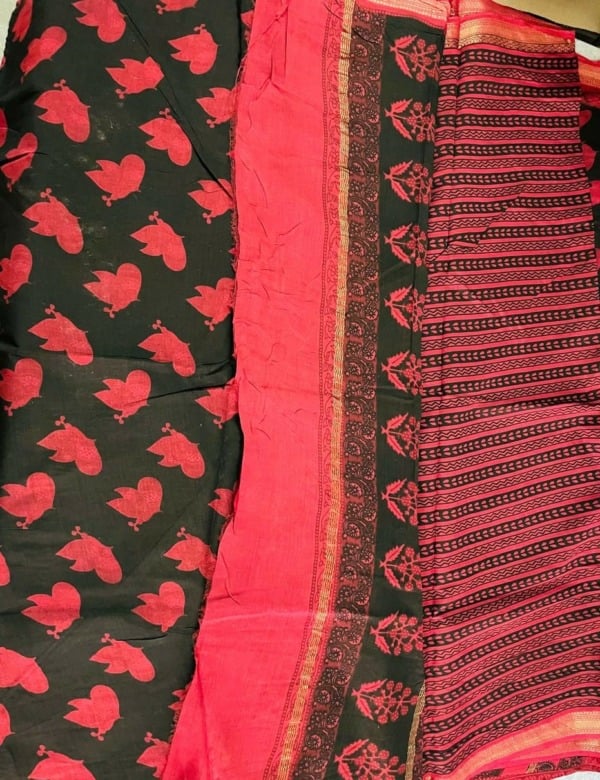 Handwoven Mehroon & Black Cotton Silk Mix Maheshwari Bagh Print Suit Material