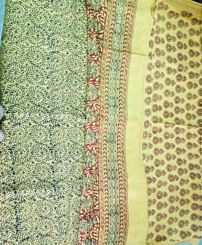 Handwoven Yellow & Mehroon Cotton Silk Mix Maheshwari Bagh Print Suit Material