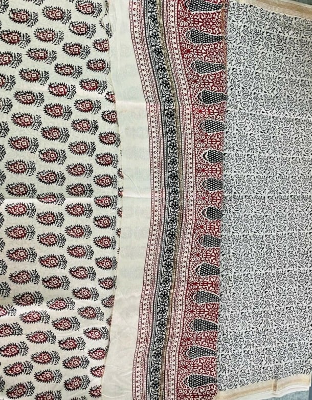 Handwoven White Cotton Silk Mix Maheshwari Bagh Print Suit Material