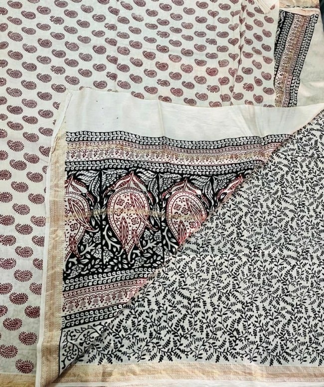 Handwoven White Cotton Silk Mix Maheshwari Bagh Print Suit Material