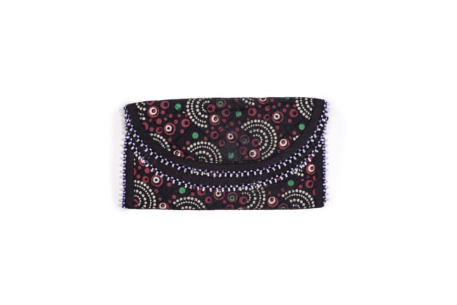 3 Fold Handmade Purse Cotton, Sponge & Bid Work Small Black with Design (PVTG)