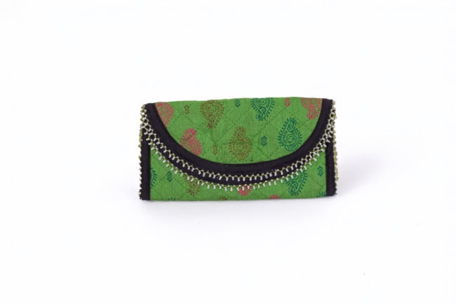 3 Fold Handmade Purse Cotton, Sponge & Bid Work Small Green with Design (PVTG)