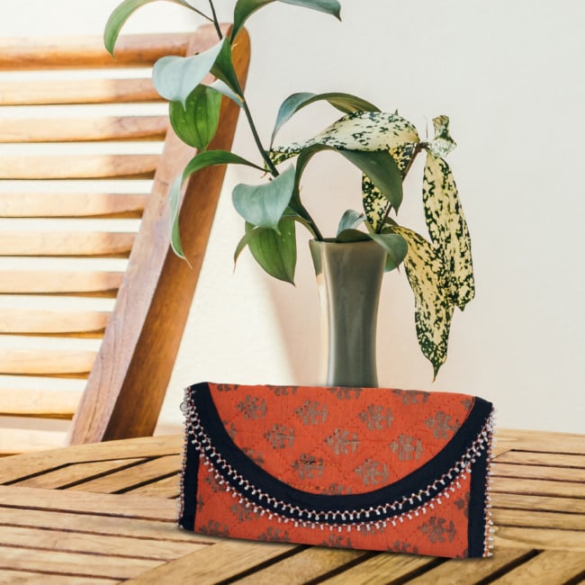 3 Fold Handmade Purse Cotton, Sponge & Bid Work Small Saffron with Design (PVTG)