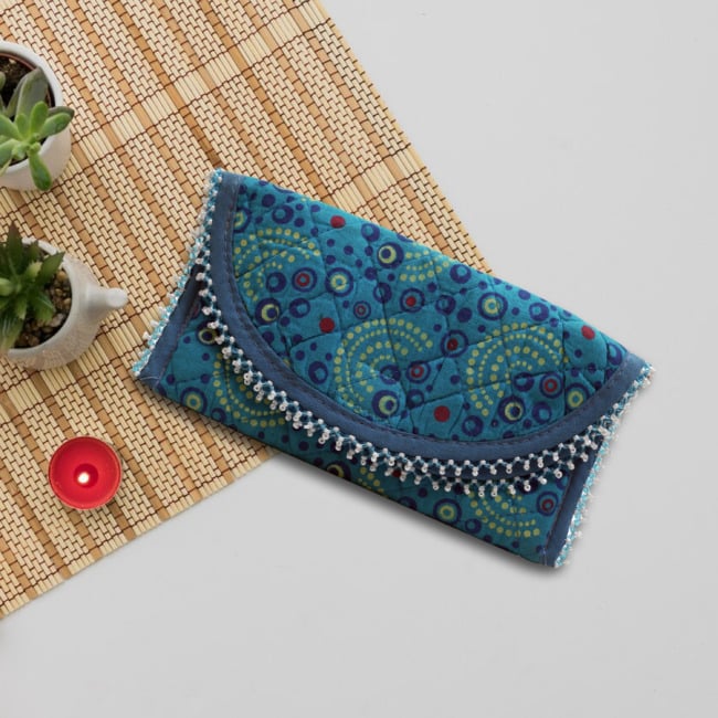 3 Fold Handmade Purse Cotton & Bead Work Small Sky Blue with Design (PVTG)