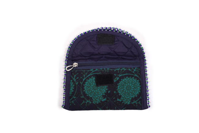 Handmade Cotton, Sponge & Beaded Purse Dark Green with Design: (UTSAV)