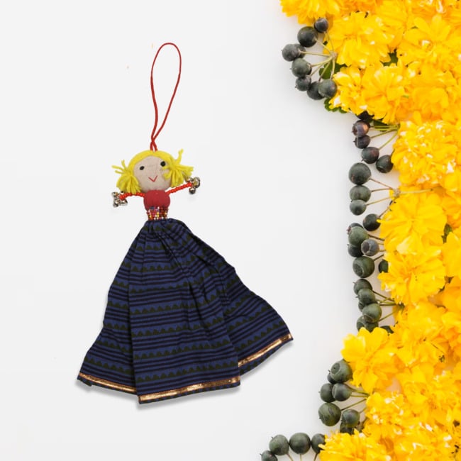 Handmade Soft Doll Hanging with Pearl and Ghughr 20 CM Blue with Yellow : (UTSAV)