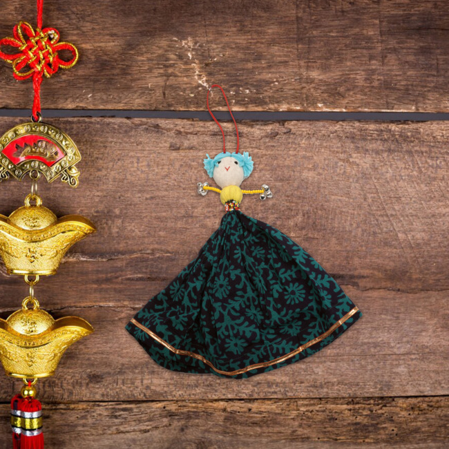 Handmade Soft Black Doll Hanging with Pearl and Ghughri 20 CM Dark Green with Sky-Blue : (UTSAV)
