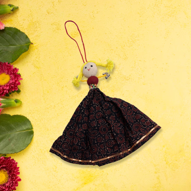 Handmade Soft Black Doll Hanging with Pearl and Ghughri 20 CM Black with Yellow : (UTSAV)