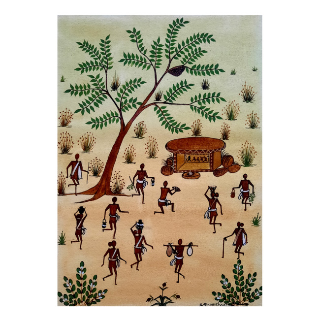 Handcrafted Canvas Kurumba Painting (15*12 Inches) - Tribes India