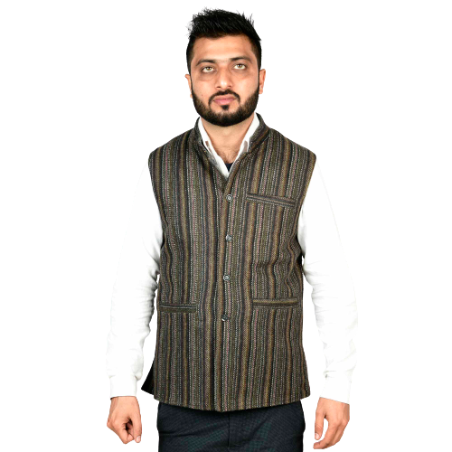 Handloom Woolen Stripe Waist Coat - Tribes India