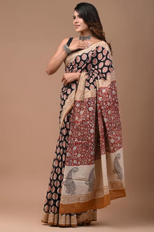 Jaipur cotton saree with Bagru block print in black with pattern on pa